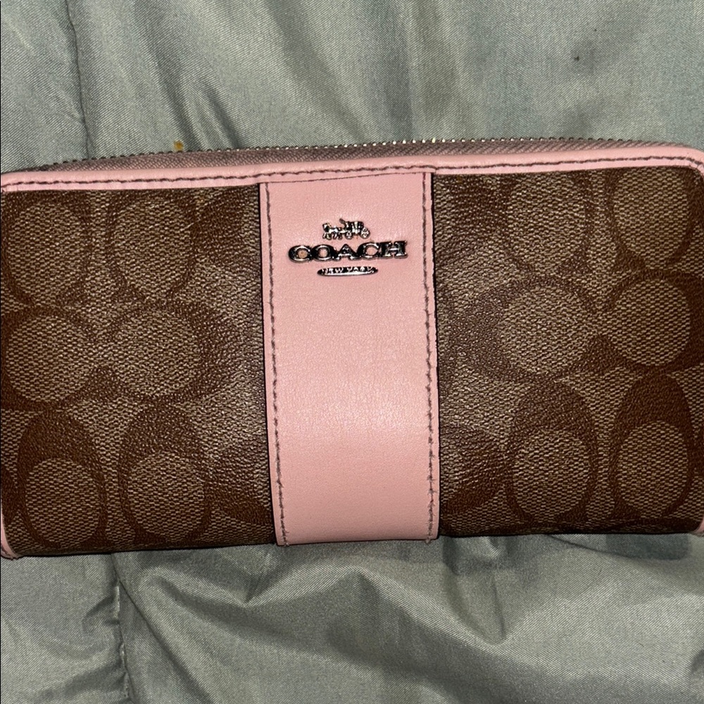 Coach Signature Brown and Pink Zip Wallet logn wallet
